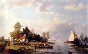 A River Landscape with a Ferry and Figures Mending a Boat by Hermanus Koekkoek Snr - Oil Painting Reproduction