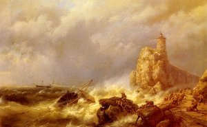 A Shipwreck In Stormy Seas by Hermanus Koekkoek Snr Oil Painting