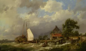 Boats Docking in an Estuary painting by Hermanus Koekkoek Snr