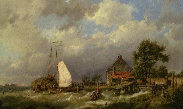 Main Product Photo of Boats Docking in an Estuary Painting by Hermanus Koekkoek Snr