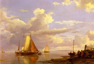 Fishing Boats Off The Coast At Dusk by Hermanus Koekkoek Snr Oil Painting
