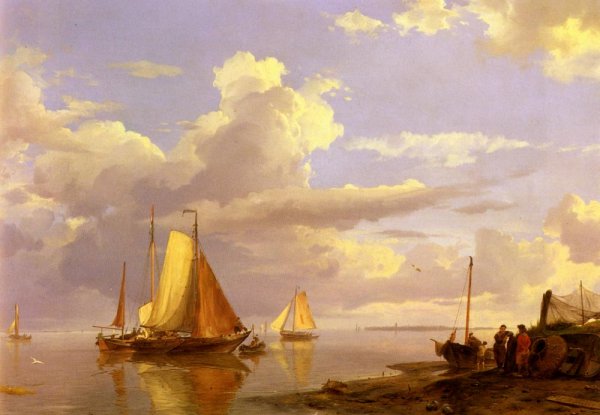 Main Product Photo of Fishing Boats Off The Coast At Dusk Painting by Hermanus Koekkoek Snr