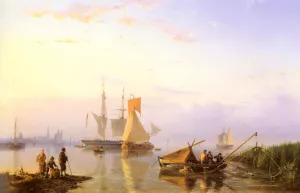 Shipping in a Calm, Amsterdam by Hermanus Koekkoek Snr Oil Painting