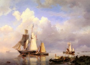 Vessels at Anchor in an Estuary with Fisherman Hauling Up Their Rowing Boat in the Foreground by Hermanus Koekkoek Snr Oil Painting