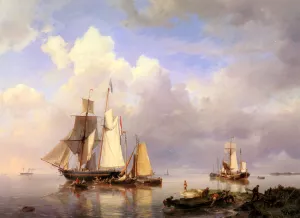 Vessels at Anchor in an Estuary with Fisherman Hauling Up Their Rowing Boat in the Foreground by Hermanus Koekkoek Snr - Oil Painting Reproduction