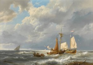 A Dutch Barge Offshore Amid Small Vessels in a Stiff Breeze by Hermanus Koekkoek The Elder Oil Painting