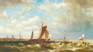 Shipping In An Estuary, With Windmills In The Background Oil painting by Hermanus Koekkoek The Younger