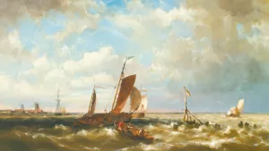 Shipping In An Estuary, With Windmills In The Background by Hermanus Koekkoek The Younger Oil Painting