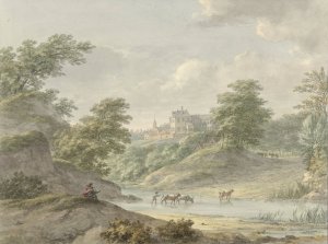 Landschap met zittende tekenaar en kasteel aan water by Hermanus Numan Oil Painting