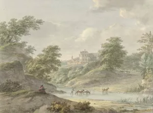 Landschap met zittende tekenaar en kasteel aan water Oil painting by Hermanus Numan
