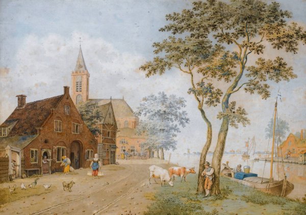A Village By A Wide River  by Hermanus Petrus Schouten - Hand-Painted Oil Painting Reproduction