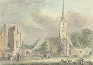 Kerk en ruine van de abdij te Rijnsburg by Hermanus Petrus Schouten Oil Painting