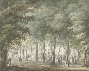 Gezicht in de Haarlemmerhout, met een menigte mensen voor het Heerenlogement by Hermanus Van Brussel Oil Painting