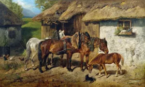 Angeschirrte Pferde am Stallgebaude by Hermine Biedermann-Arendts Oil Painting