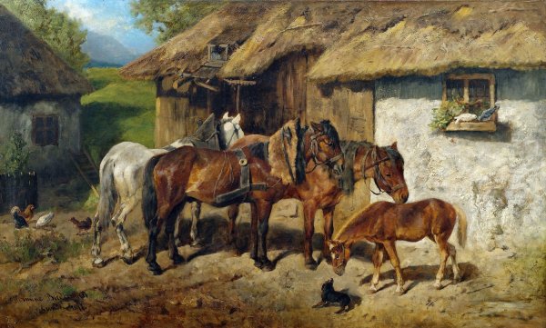 Angeschirrte Pferde am Stallgebaude by Hermine Biedermann-Arendts - Hand-Painted Oil Painting Reproduction