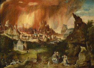Fire of Sodom, Lot with his Daughters by Herri Met De Bles Oil Painting