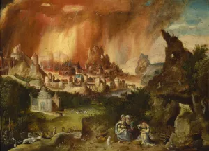 Fire of Sodom, Lot with his Daughters by Herri Met De Bles Oil Painting