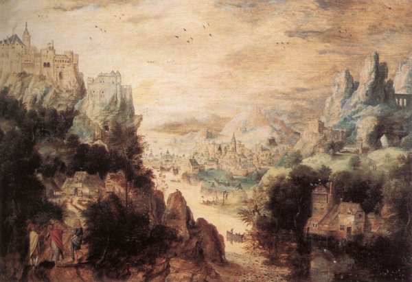 Main Product Photo of Landscape with Christ and the Men of Emmaus Painting by Herri Met De Bles