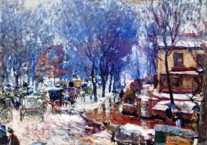 City in Winter by Lewis E. Herzog - Oil Painting Reproduction