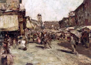 Market Scene by Lewis E. Herzog - Oil Painting Reproduction