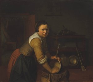 A maid washing pans in a kitchen by Heyman Dullaert Oil Painting