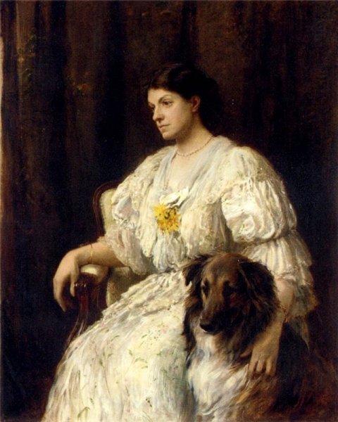 Main Product Photo of Portrait of a Lady with Her Collie Painting by Heywood Hardy