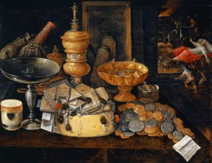 Riches And The Death Of The Miser, Still Life by Hieronymus Francken II Oil Painting