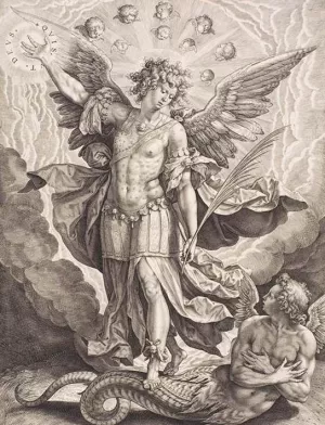St Michael Slaying the Dragon painting by Hieronymus Wierix