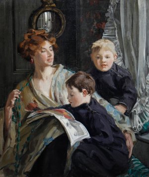 A Portrait Of A Mother And Her Two Sons Oil painting by Hilda Fearon