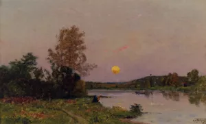Lavandiere Et Barques, Soleil Couchant by Hippolyte Camille Delpy Oil Painting