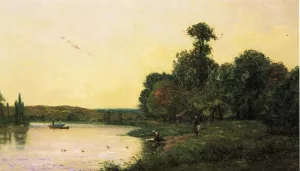 Washerwomen by He River at Sunset painting by Hippolyte Camille Delpy