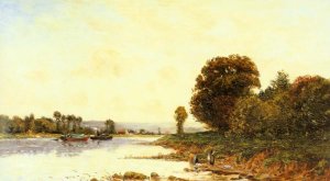 Washerwomen in a River Landscape with Steamboats Beyond Oil painting by Hippolyte Camille Delpy