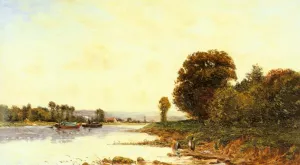 Washerwomen in a River Landscape with Steamboats Beyond by Hippolyte Camille Delpy - Oil Painting Reproduction