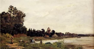Washerwomen in a River Landscape by Hippolyte Camille Delpy Oil Painting
