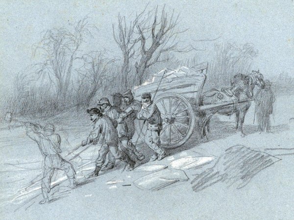 Workmen Gathering Ice at the Water's Edge  by Hippolyte Lalaisse - Hand-Painted Oil Painting Reproduction