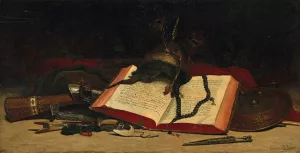 Orientalist still life with a Koran by Hippolyte Pierre Delanoy Oil Painting