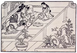 Lovers on a Verandah by Hishikawa Moronobu - Oil Painting Reproduction