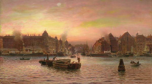 Parti Fra Nyhavn Set Fra Gronlandske Handelsplads Efter Solnedgang  by Holger Lubbers - Hand-Painted Oil Painting Reproduction