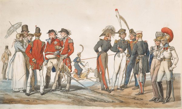 Main Product Photo of Officiers anglais et francais discutant  Painting by Horace Vernet
