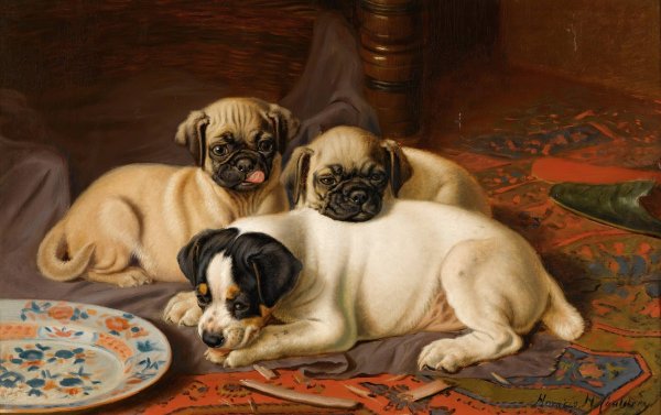 Main Product Photo of Dinner, Two Pugs And A Terrier Painting by Horatio Henry Couldery