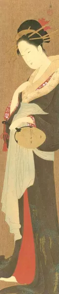 A Beauty Holding a Fan by Hosoda Yeishi - Oil Painting Reproduction