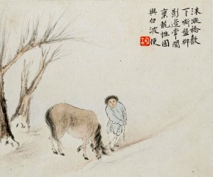 A Man and a Horse by a Stream by Hua Yan Oil Painting