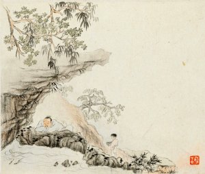 A Man Lies under a Rocky Overhang; a Boy Stands to his Right by Hua Yan Oil Painting