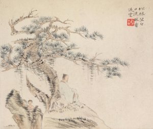 An Old Man Sits under a Pine Tree, a Boy is behind a Stone by Hua Yan Oil Painting