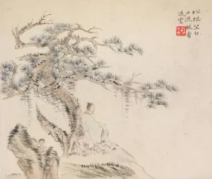 An Old Man Sits under a Pine Tree, a Boy is behind a Stone by Hua Yan Oil Painting