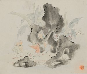Children Play in a Rocky Grove by Hua Yan Oil Painting