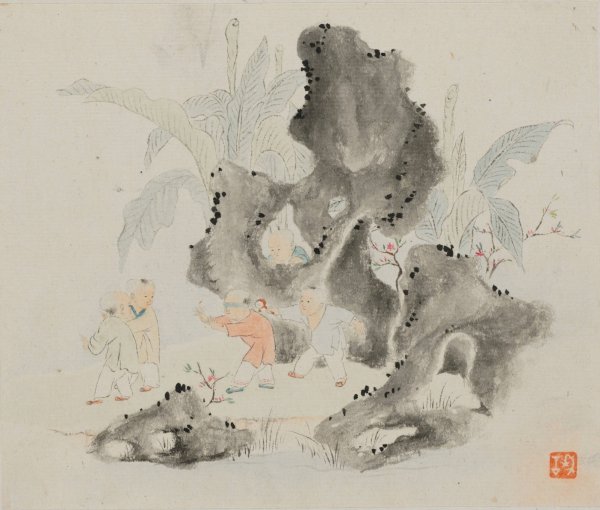 Children Play in a Rocky Grove  by Hua Yan - Hand-Painted Oil Painting Reproduction
