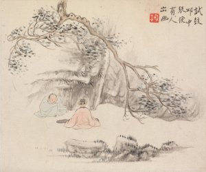 Two Figures Outside; One Listens while the Other Plays the Qin by Hua Yan Oil Painting