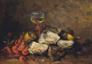 Oysters and prawns with a glass of wine by Hubert Bellis Oil Painting