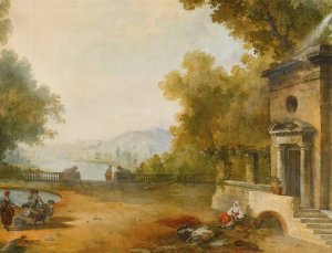 Figures On A Terrace Overlooking A Large Lake by Hubert Robert (Follower) Oil Painting